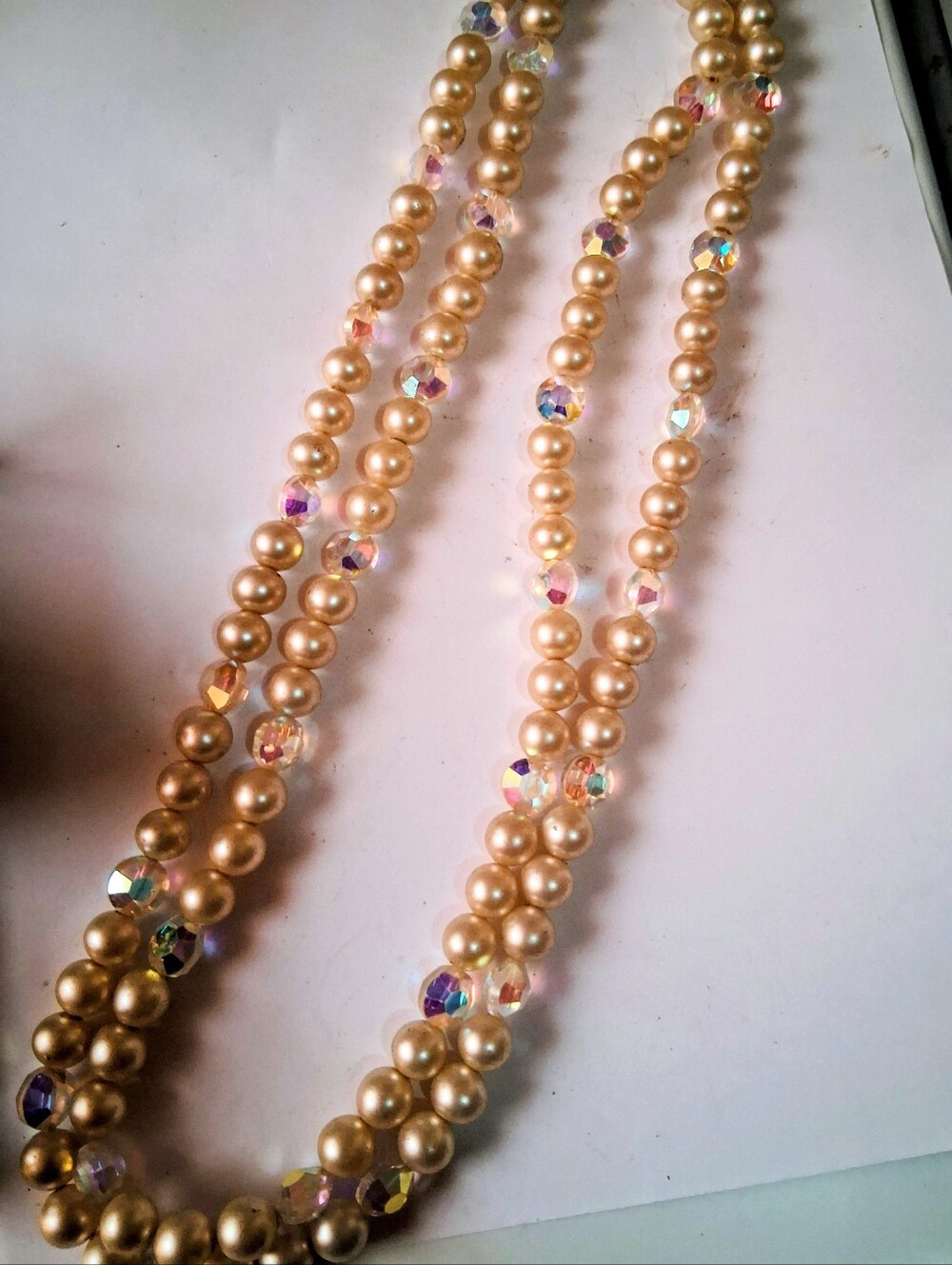 Vintage Double Strand Champagne Faux Pearl & AB Crystal Necklace Filigree Clasp
